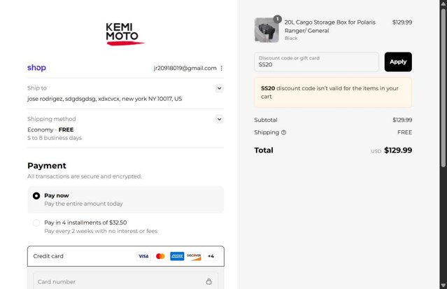 Kemimoto checkout page showing Kemimoto discount code box | Screenshot taken by SimplyCodes community member on Sep 5, 2025