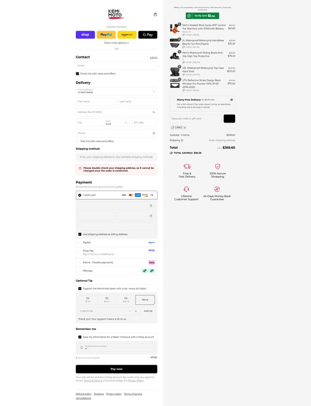Kemimoto checkout page showing Kemimoto discount code box | Screenshot taken by SimplyCodes community member on Sep 4, 2025