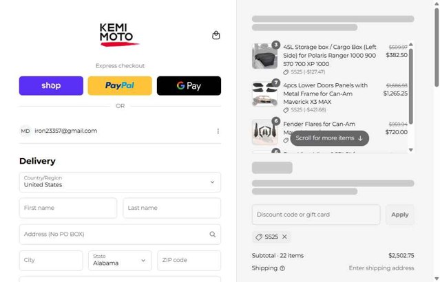 Kemimoto checkout page showing Kemimoto discount code box | Screenshot taken by SimplyCodes community member on Sep 5, 2025