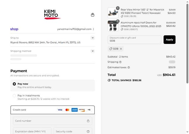Kemimoto checkout page showing Kemimoto discount code box | Screenshot taken by SimplyCodes community member on Sep 5, 2025