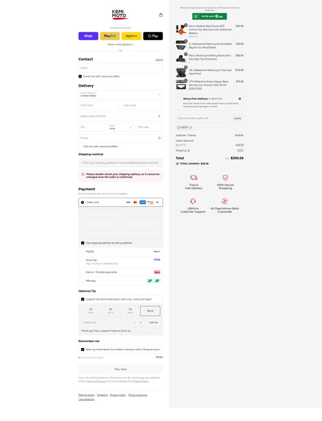 Kemimoto checkout page showing Kemimoto discount code box | Screenshot taken by SimplyCodes community member on Sep 4, 2025