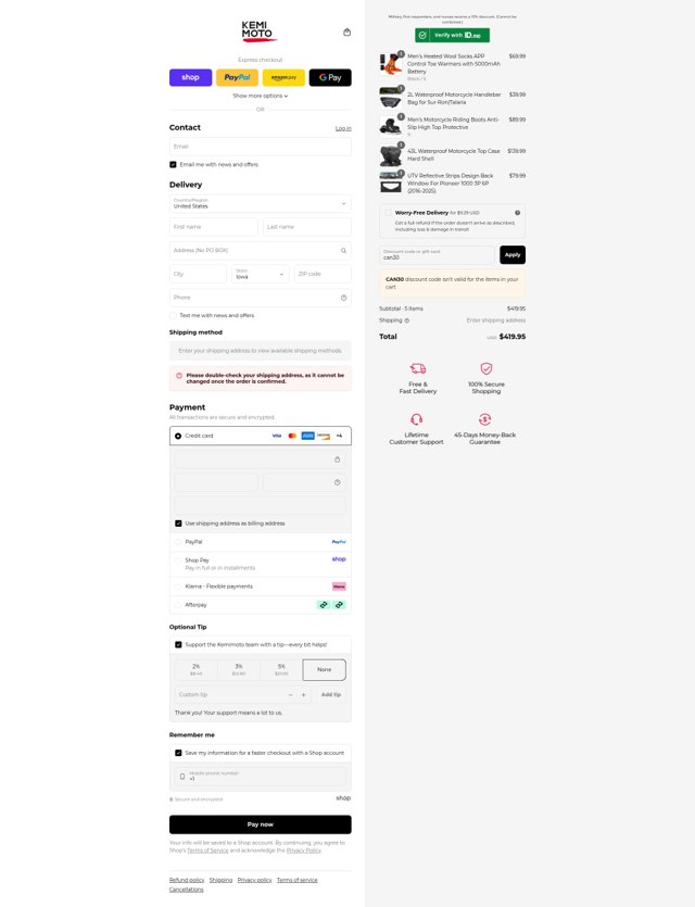 Kemimoto checkout page showing Kemimoto discount code box | Screenshot taken by SimplyCodes community member on Sep 4, 2025