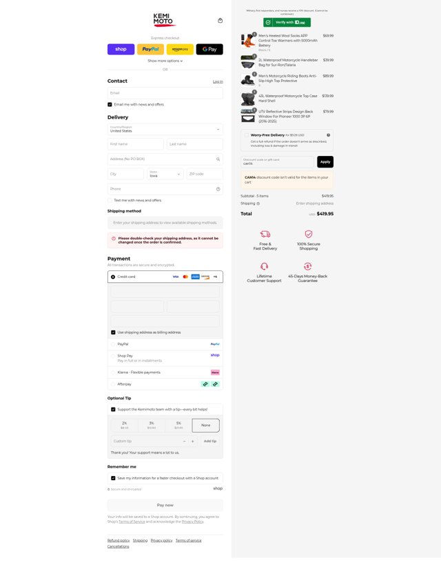 Kemimoto checkout page showing Kemimoto discount code box | Screenshot taken by SimplyCodes community member on Sep 4, 2025