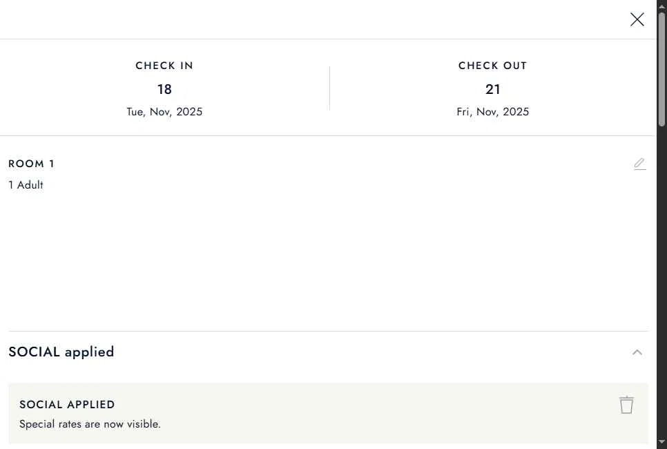Kempinski Hotels and Resorts checkout page showing Kempinski Hotels and Resorts promo code box | Screenshot taken by SimplyCodes community member on Nov 14, 2025