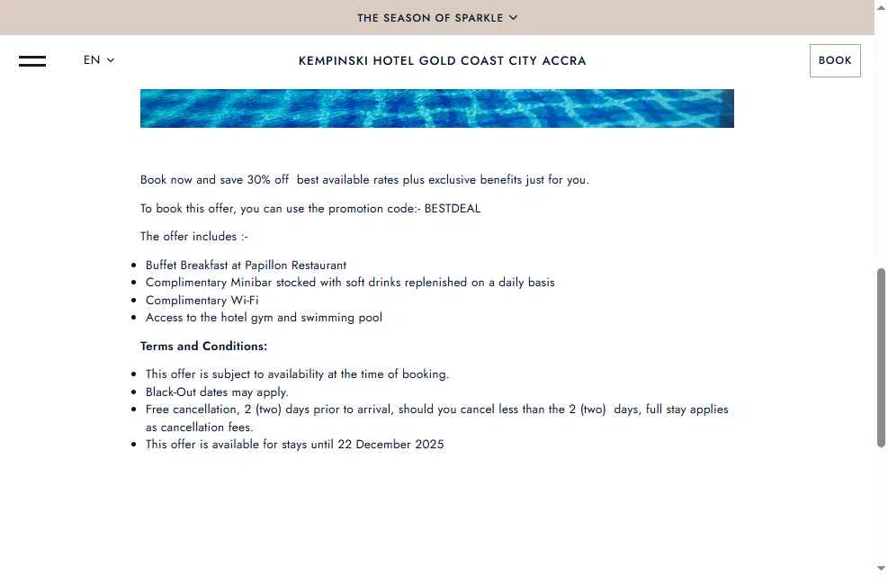 Kempinski Hotels and Resorts checkout page showing Kempinski Hotels and Resorts promo code box | Screenshot taken by SimplyCodes community member on Dec 10, 2025