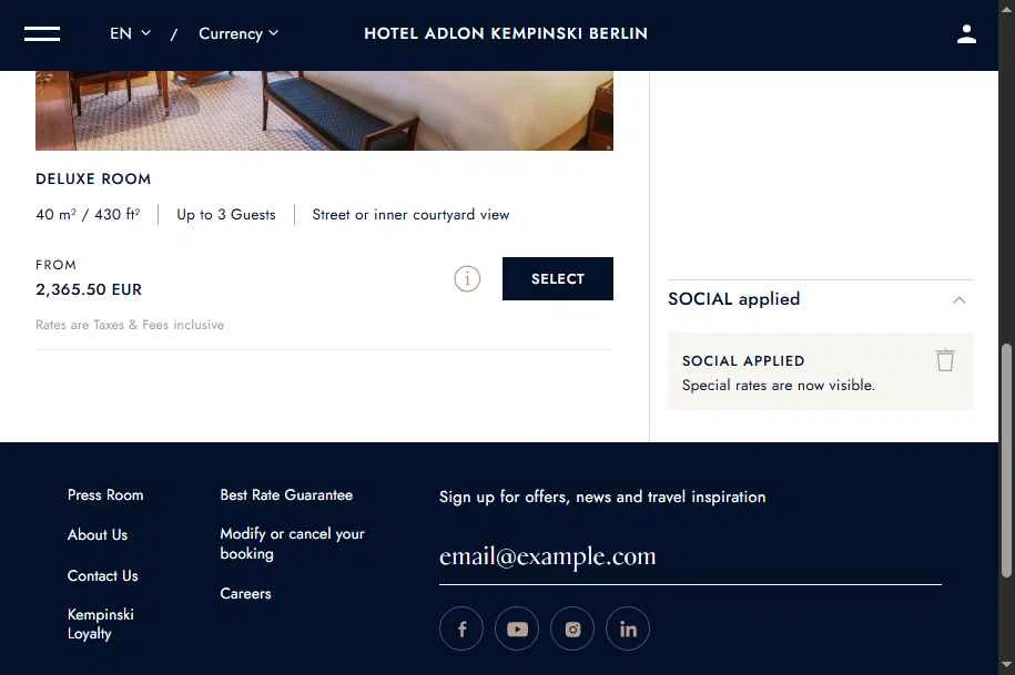 Kempinski Hotels and Resorts checkout page showing Kempinski Hotels and Resorts promo code box | Screenshot taken by SimplyCodes community member on Dec 30, 2025