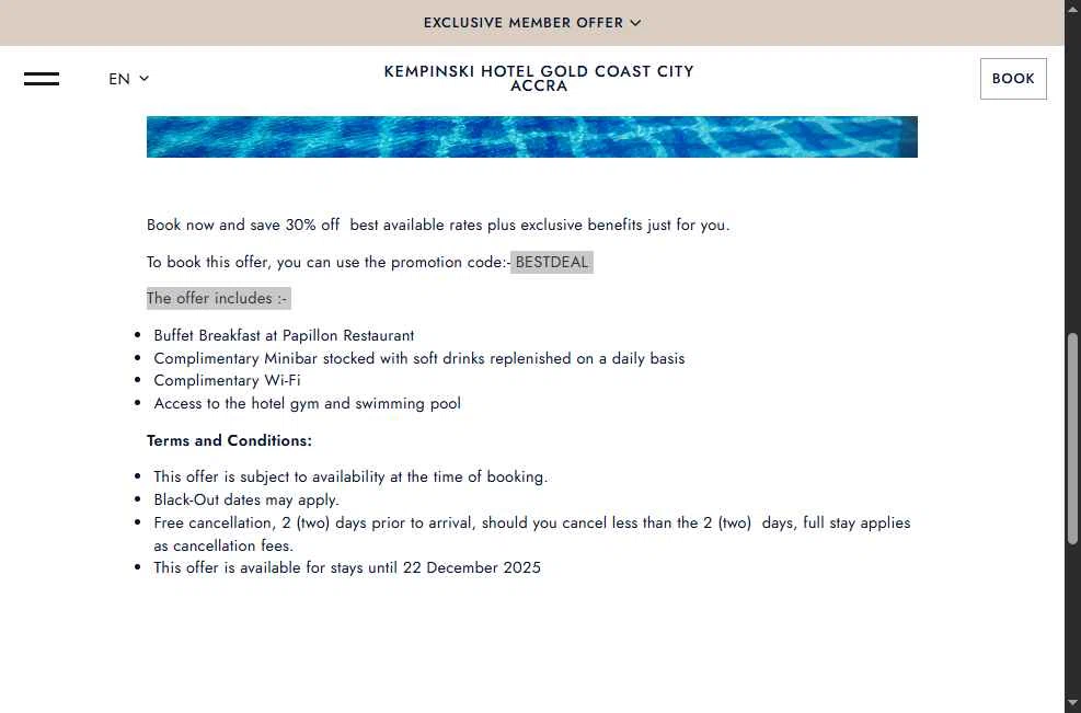 Kempinski Hotels and Resorts checkout page showing Kempinski Hotels and Resorts promo code box | Screenshot taken by SimplyCodes community member on Nov 20, 2025