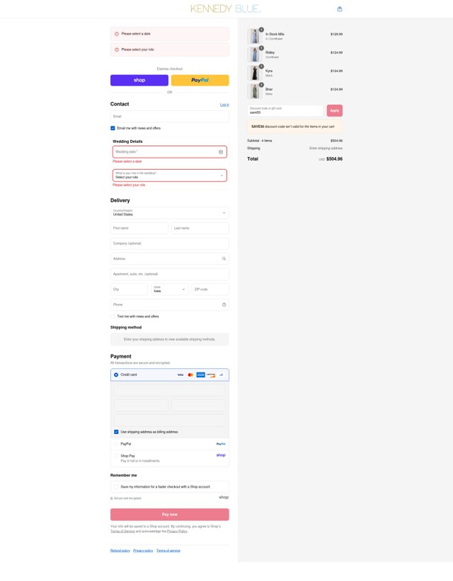 Kennedy Blue checkout page showing Kennedy Blue discount code box | Screenshot taken by SimplyCodes community member on Sep 4, 2025