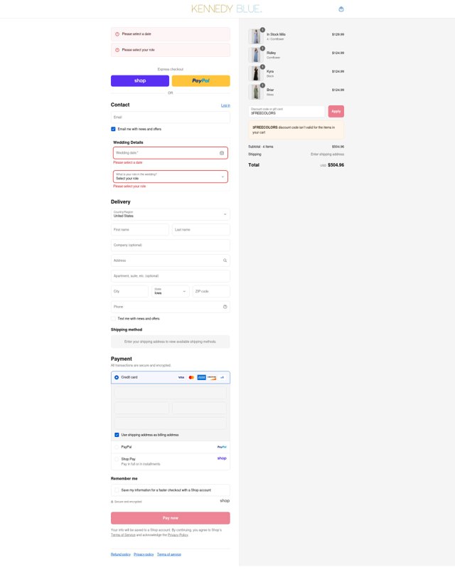 Kennedy Blue checkout page showing Kennedy Blue discount code box | Screenshot taken by SimplyCodes community member on Sep 4, 2025