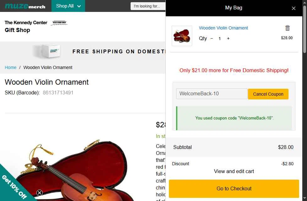 The Kennedy Center checkout page showing The Kennedy Center promo code box | Screenshot taken by SimplyCodes community member on Oct 26, 2025