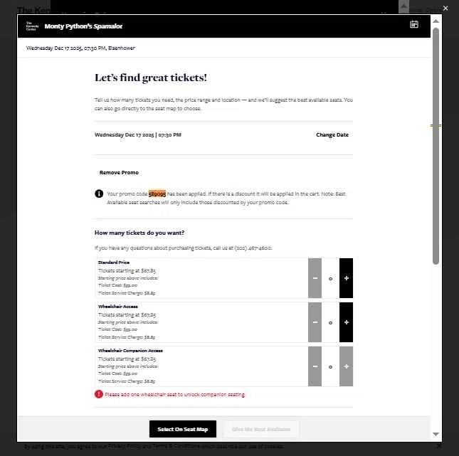 The Kennedy Center checkout page showing The Kennedy Center promo code box | Screenshot taken by SimplyCodes community member on Nov 25, 2025