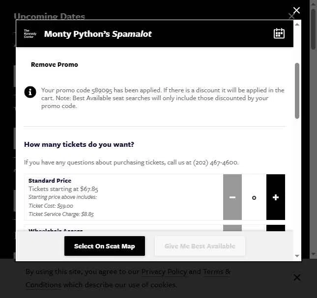 The Kennedy Center checkout page showing The Kennedy Center promo code box | Screenshot taken by SimplyCodes community member on Nov 18, 2025