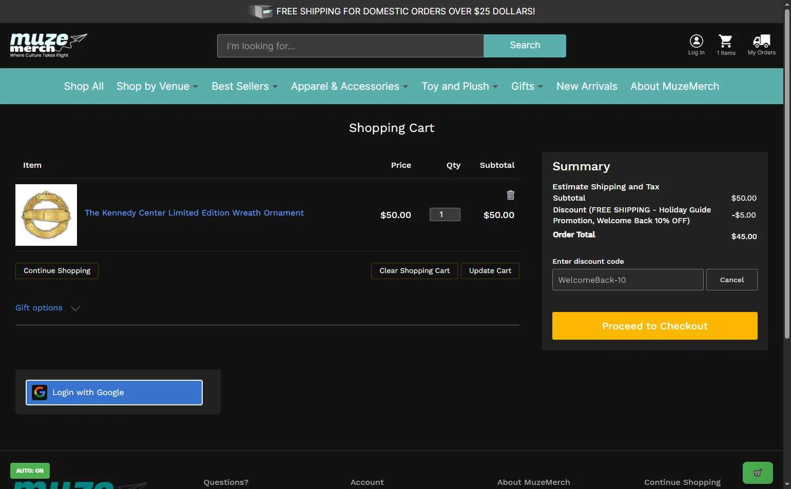 The Kennedy Center checkout page showing The Kennedy Center promo code box | Screenshot taken by SimplyCodes community member on Nov 5, 2025