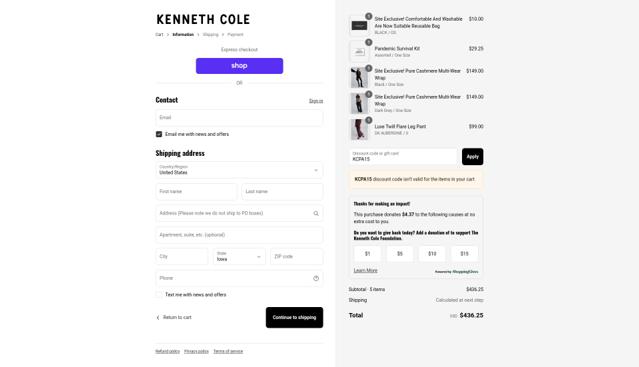 Kenneth Cole checkout page showing Kenneth Cole promo code box | Screenshot taken by SimplyCodes community member on Sep 12, 2025