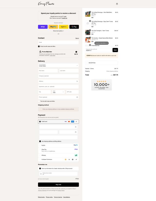 Kenny Flowers checkout page showing Kenny Flowers discount code box | Screenshot taken by SimplyCodes community member on Sep 11, 2025