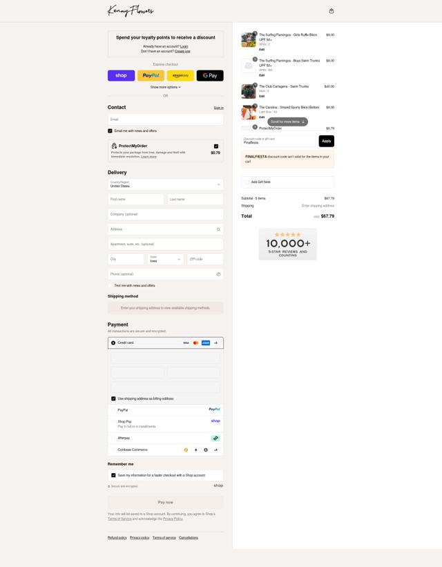 Kenny Flowers checkout page showing Kenny Flowers discount code box | Screenshot taken by SimplyCodes community member on Sep 11, 2025