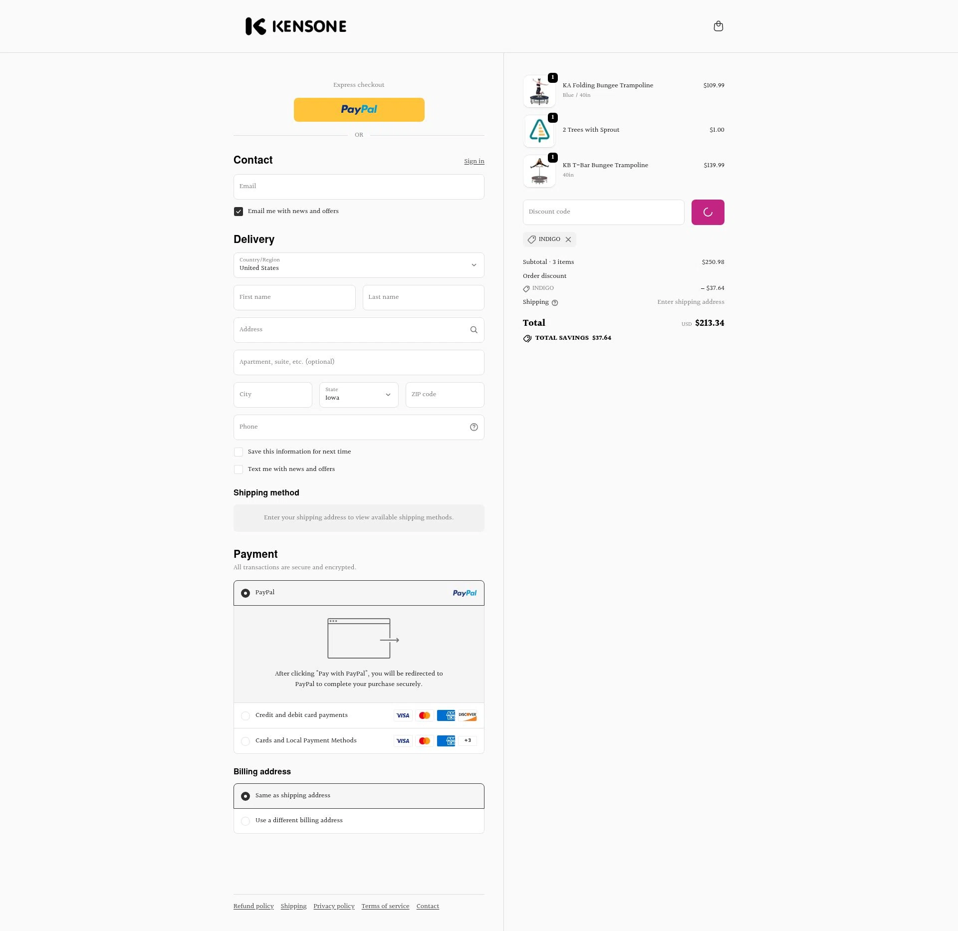 Kensone checkout page showing Kensone promo code box | Screenshot taken by SimplyCodes community member on Jan 8, 2026