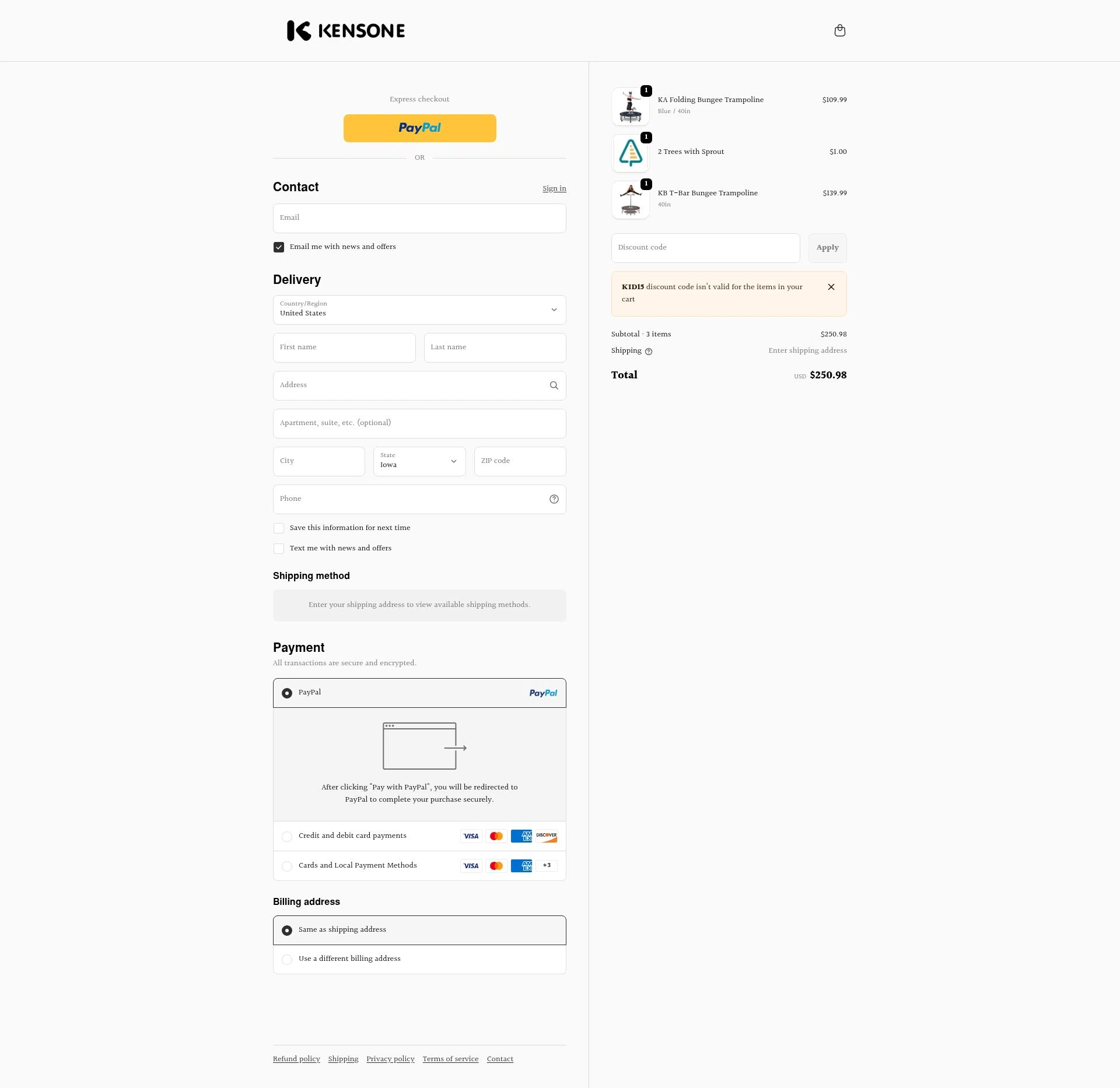 Kensone checkout page showing Kensone promo code box | Screenshot taken by SimplyCodes community member on Jan 8, 2026