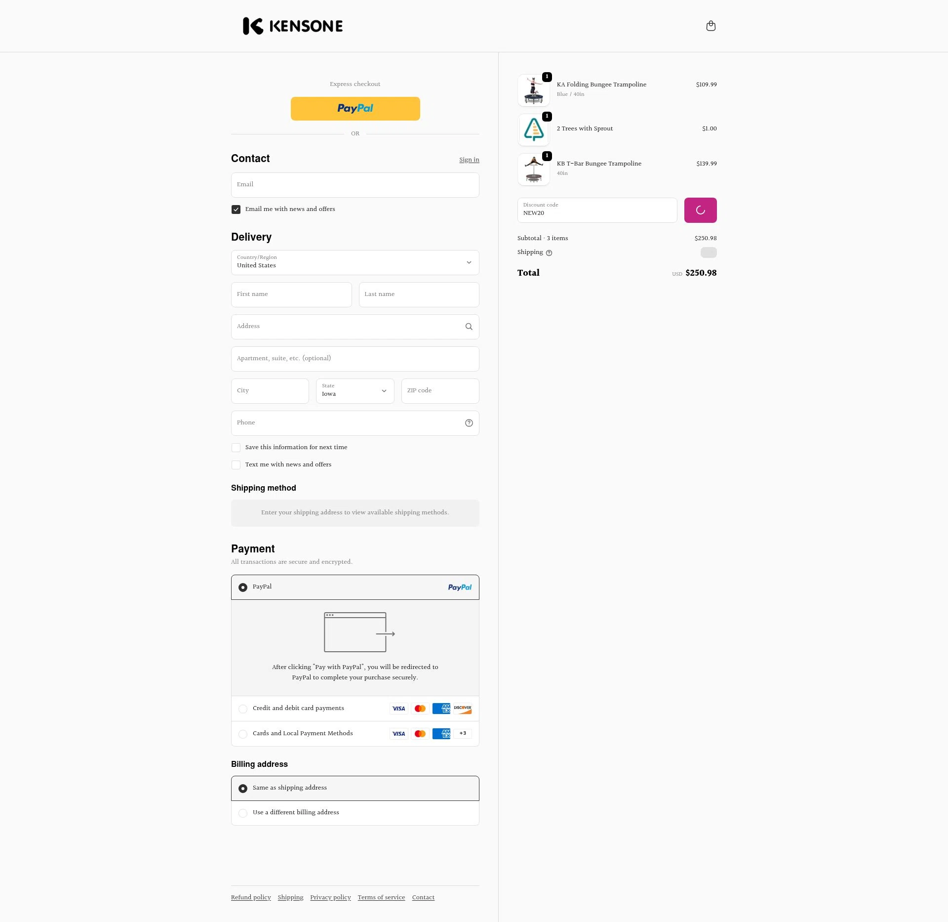 Kensone checkout page showing Kensone promo code box | Screenshot taken by SimplyCodes community member on Jan 8, 2026