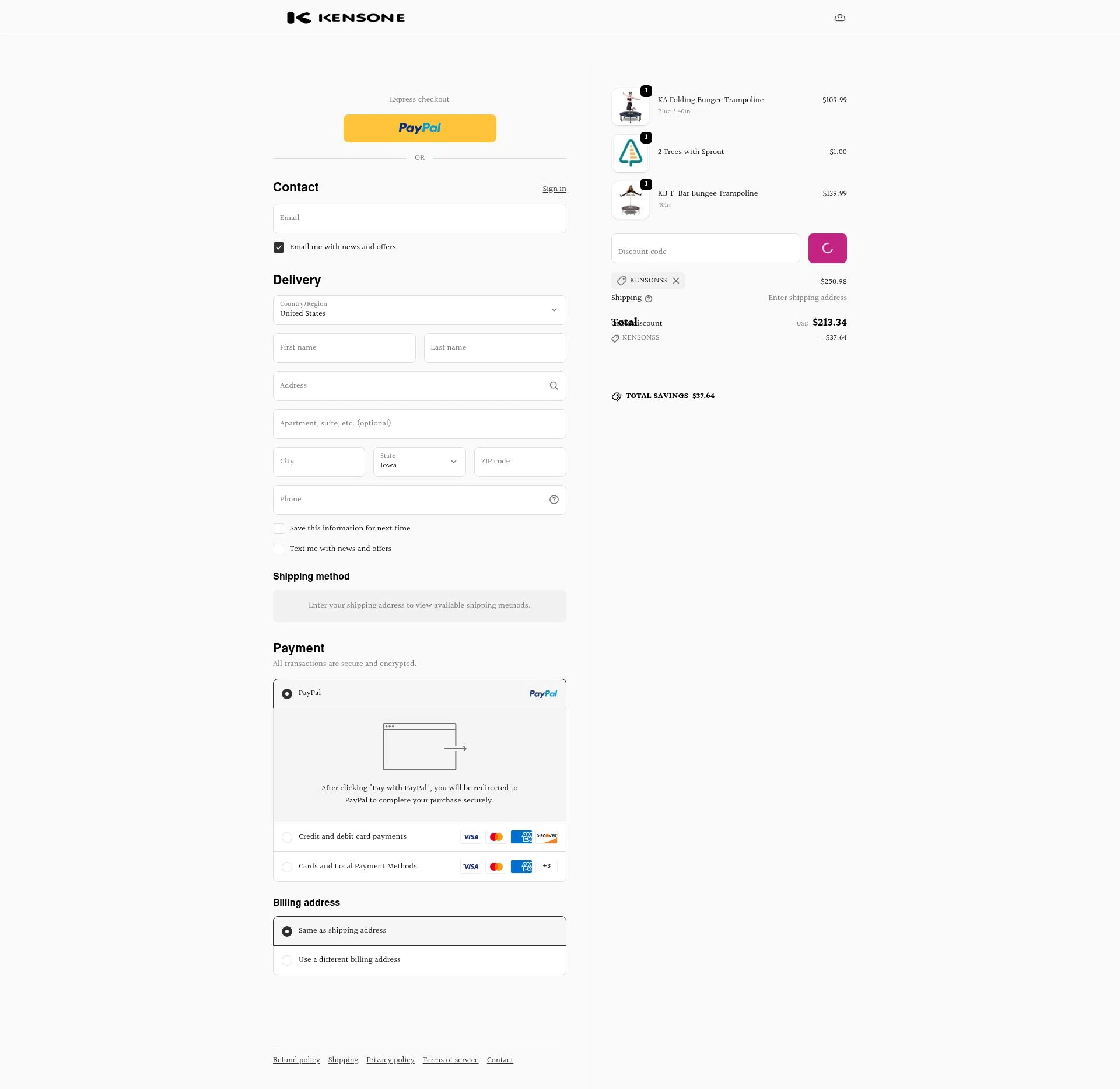 Kensone checkout page showing Kensone promo code box | Screenshot taken by SimplyCodes community member on Jan 8, 2026
