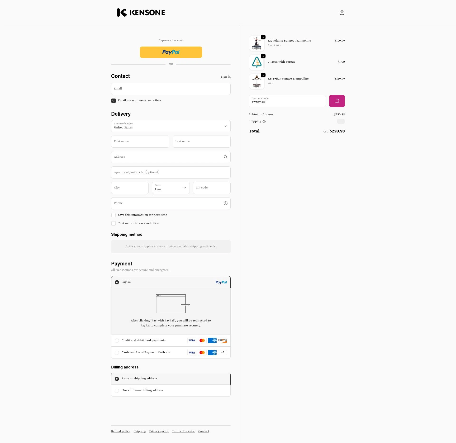 Kensone checkout page showing Kensone promo code box | Screenshot taken by SimplyCodes community member on Jan 8, 2026