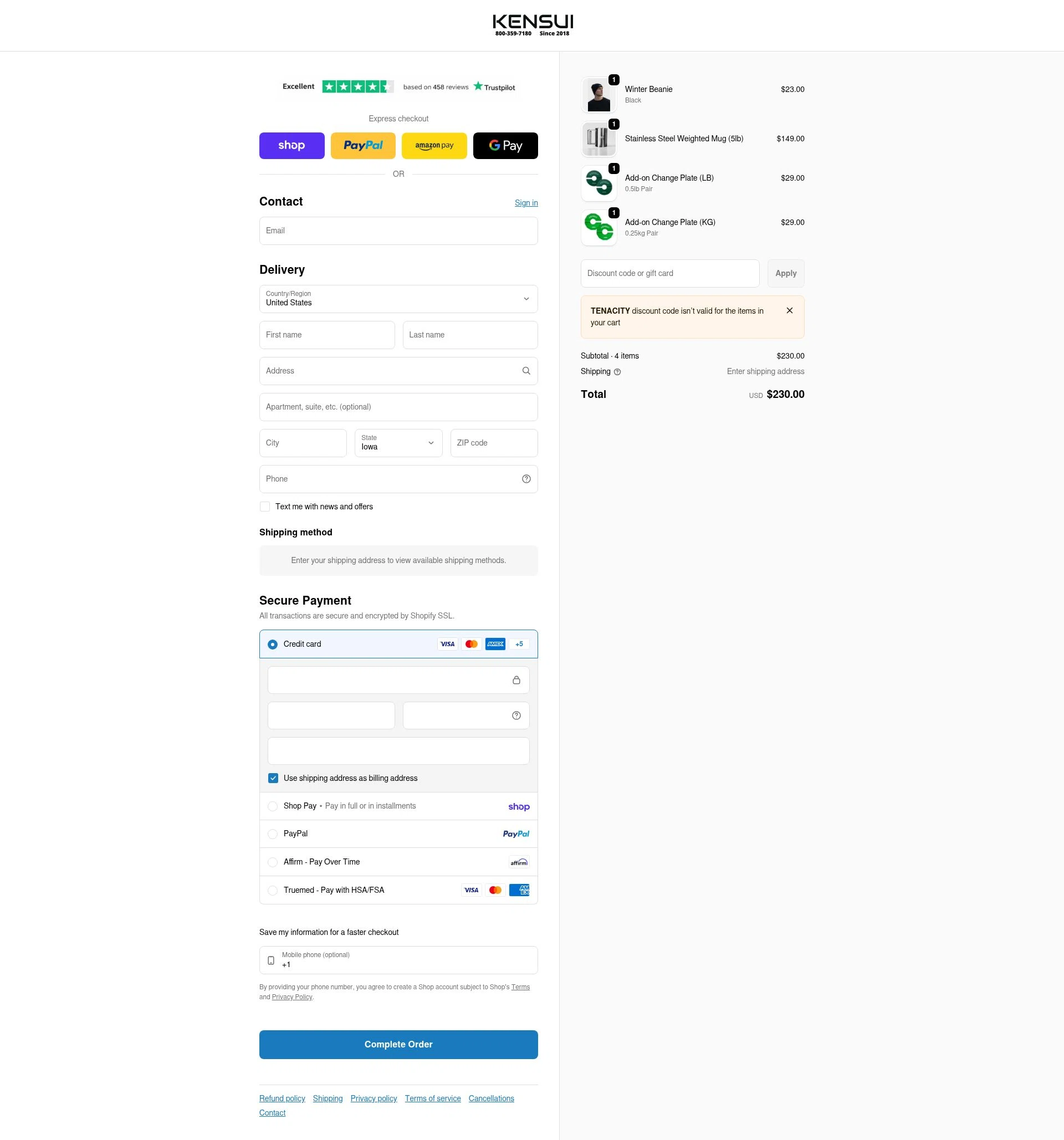 Kensui Fitness checkout page showing Kensui Fitness discount code box | Screenshot taken by SimplyCodes community member on Feb 11, 2026