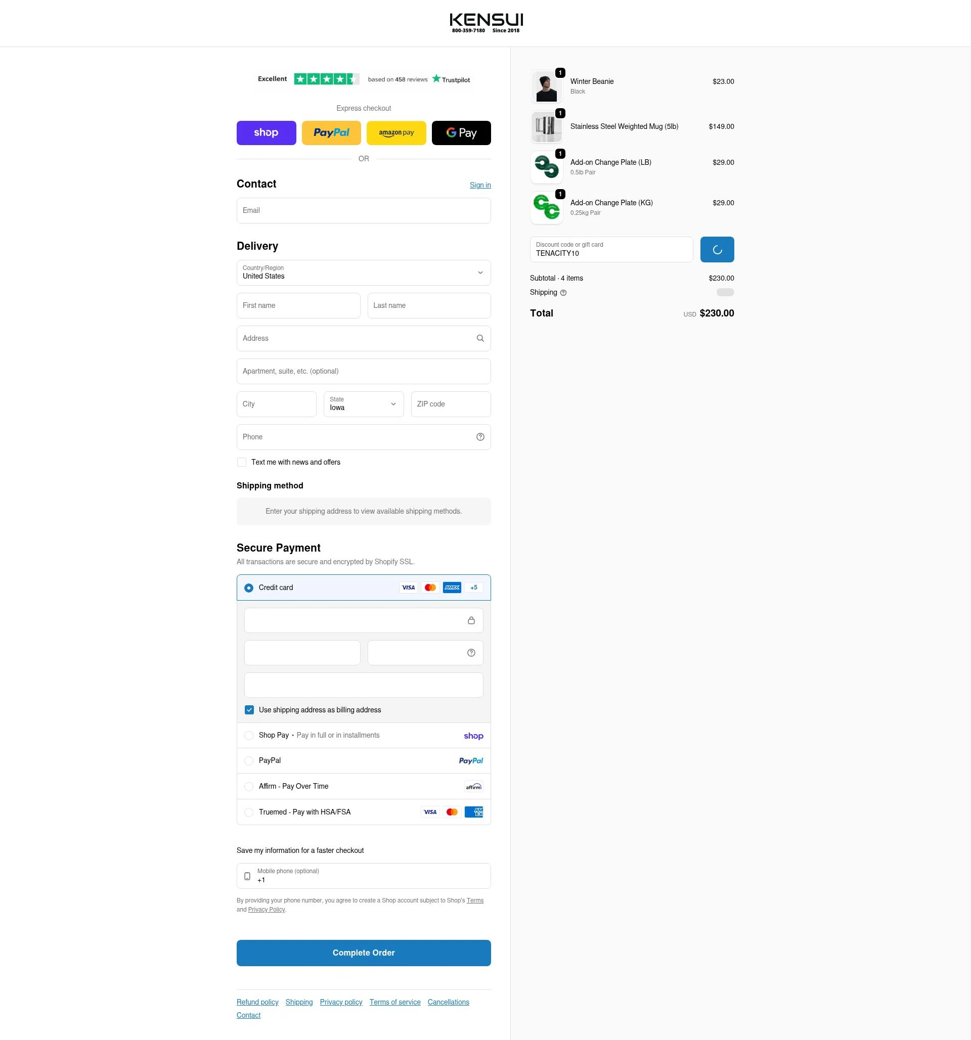 Kensui Fitness checkout page showing Kensui Fitness discount code box | Screenshot taken by SimplyCodes community member on Feb 6, 2026