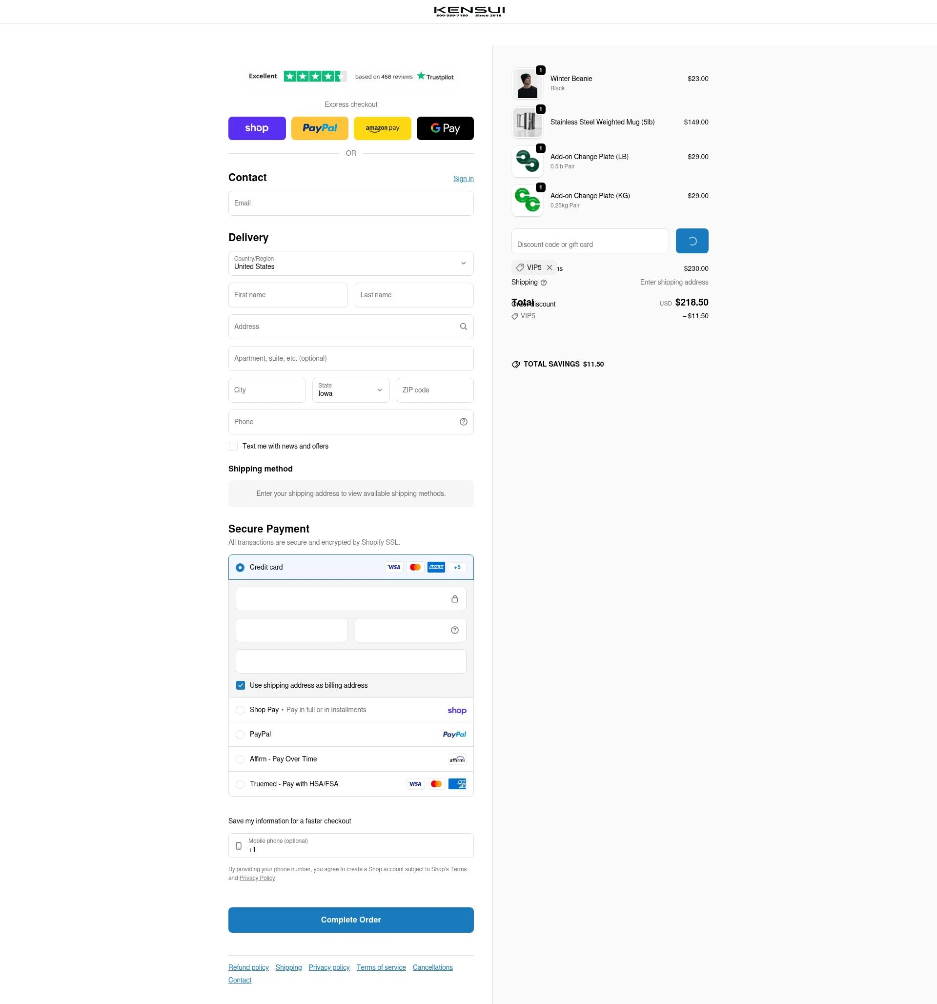Kensui Fitness checkout page showing Kensui Fitness discount code box | Screenshot taken by SimplyCodes community member on Feb 11, 2026