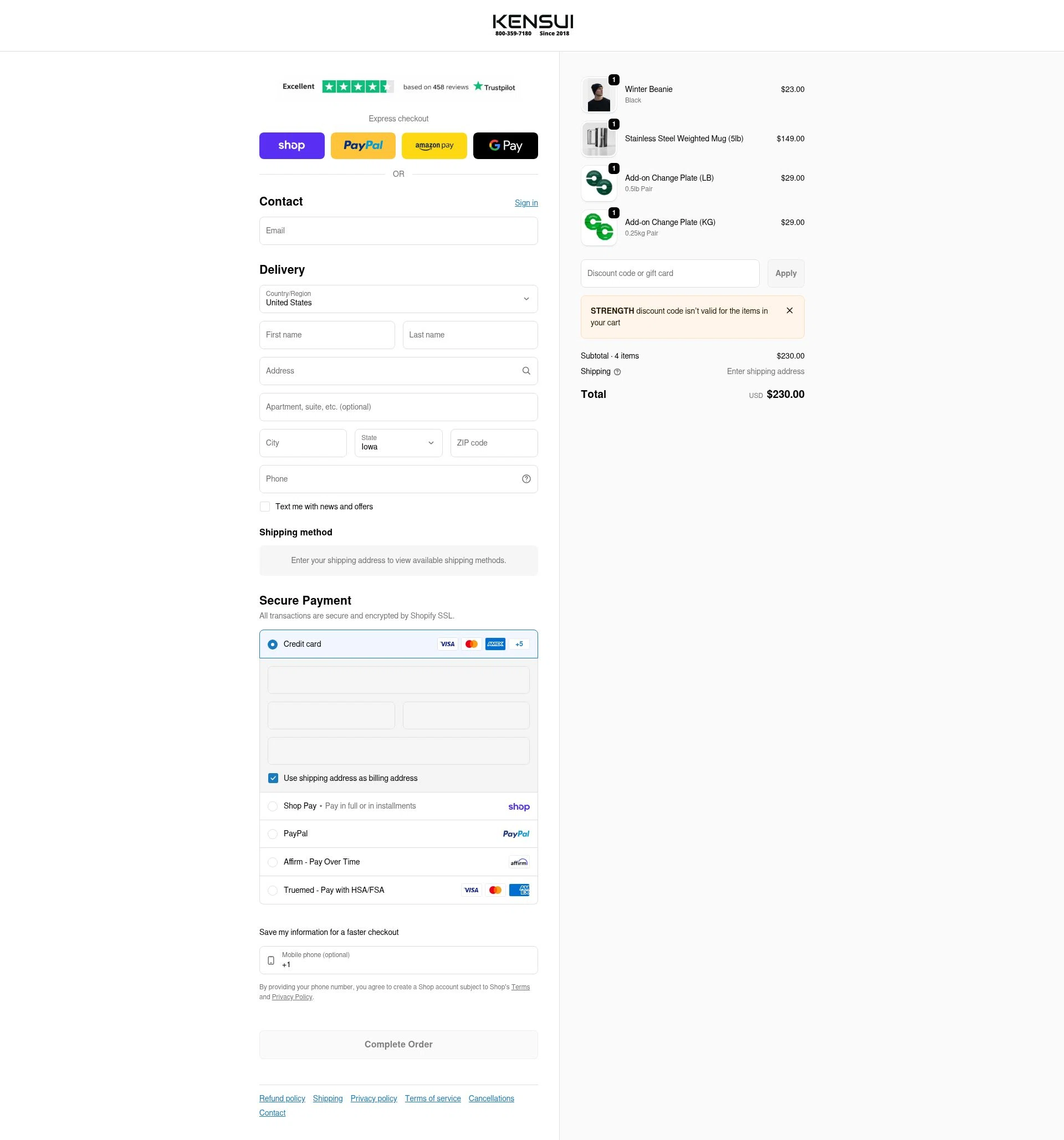Kensui Fitness checkout page showing Kensui Fitness discount code box | Screenshot taken by SimplyCodes community member on Feb 11, 2026