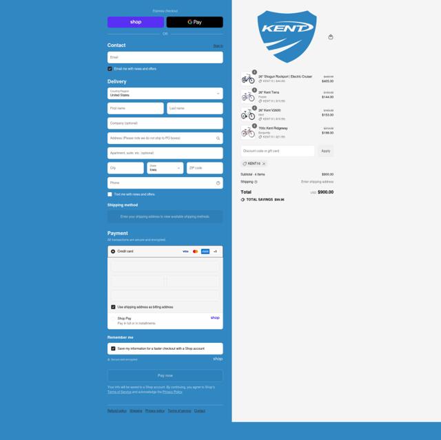 Kent Bike checkout page showing Kent Bike discount code box | Screenshot taken by SimplyCodes community member on Sep 12, 2025