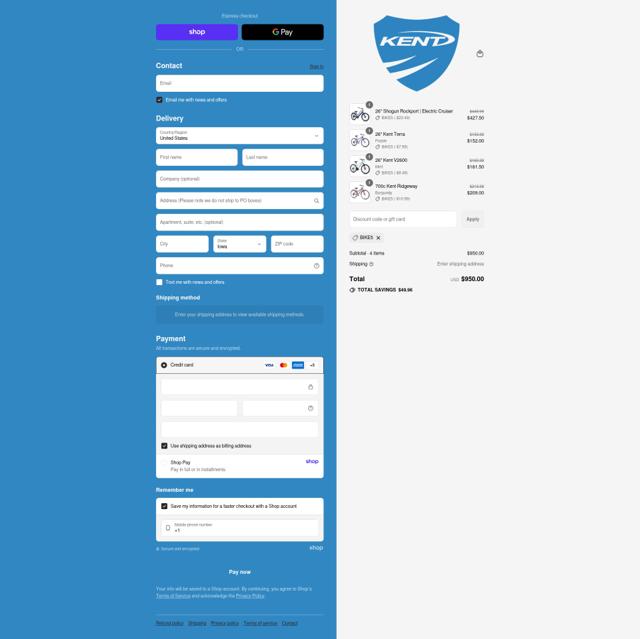 Kent Bike checkout page showing Kent Bike discount code box | Screenshot taken by SimplyCodes community member on Sep 12, 2025
