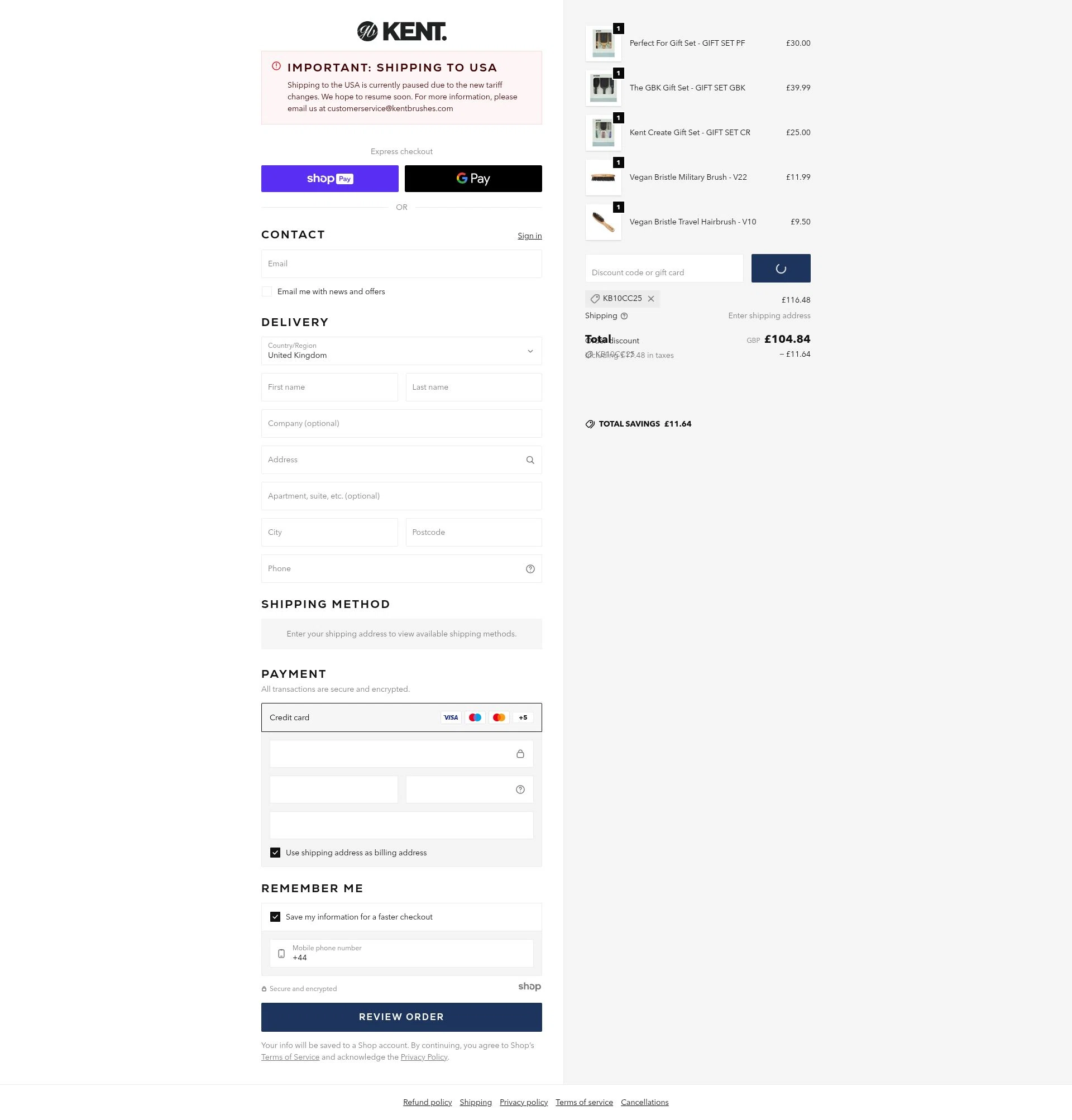 Kent Brushes checkout page showing Kent Brushes discount code box | Screenshot taken by SimplyCodes community member on Jan 11, 2026