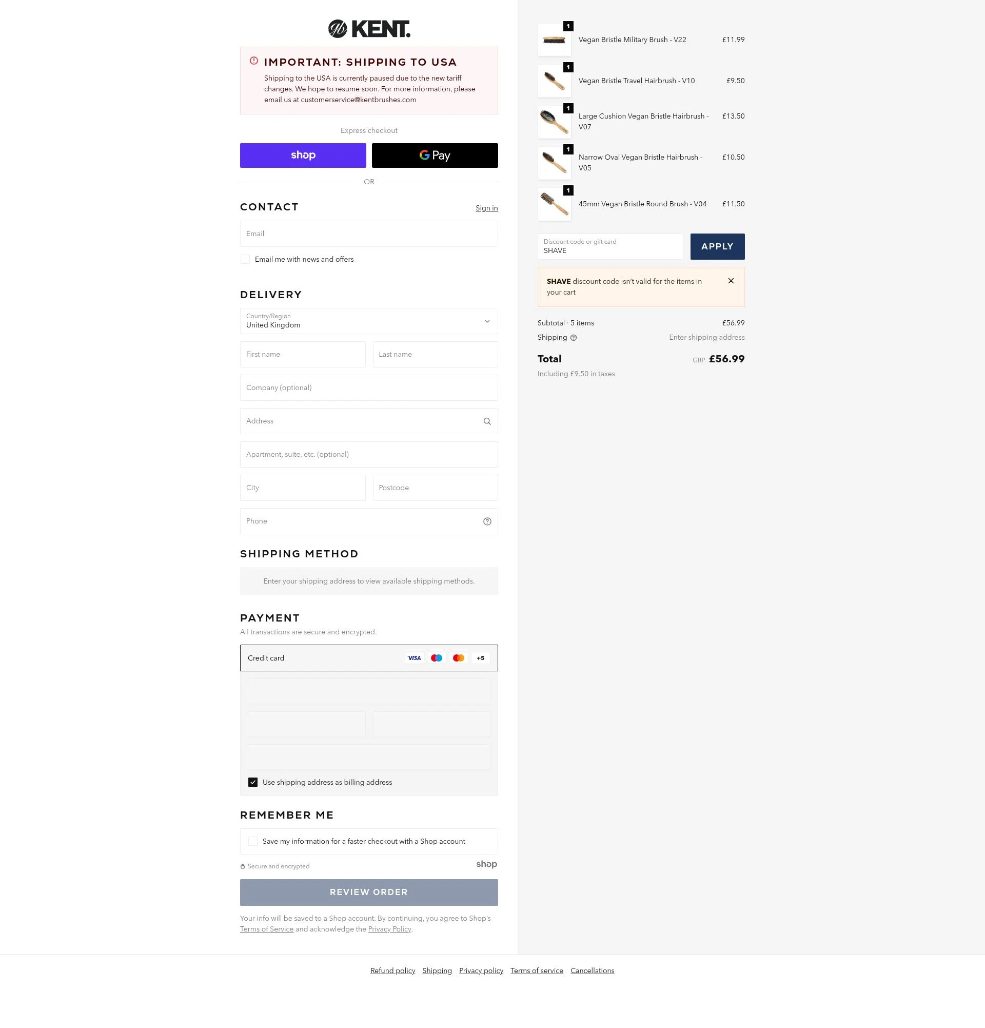 Kent Brushes checkout page showing Kent Brushes discount code box | Screenshot taken by SimplyCodes community member on Nov 13, 2025