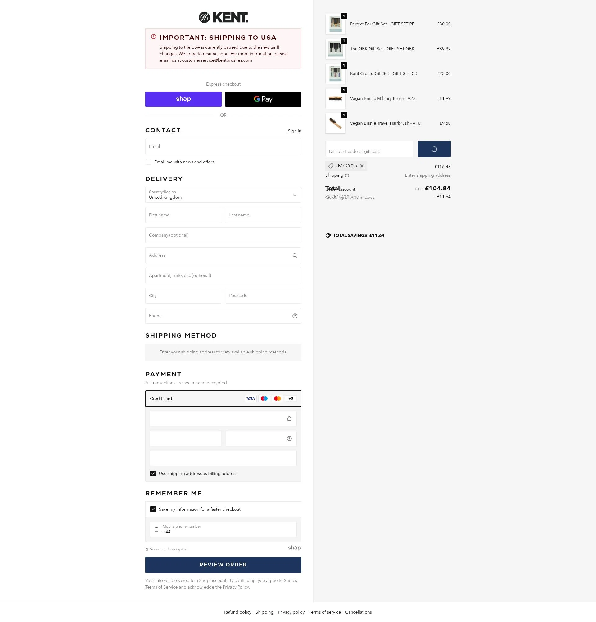 Kent Brushes checkout page showing Kent Brushes discount code box | Screenshot taken by SimplyCodes community member on Jan 6, 2026