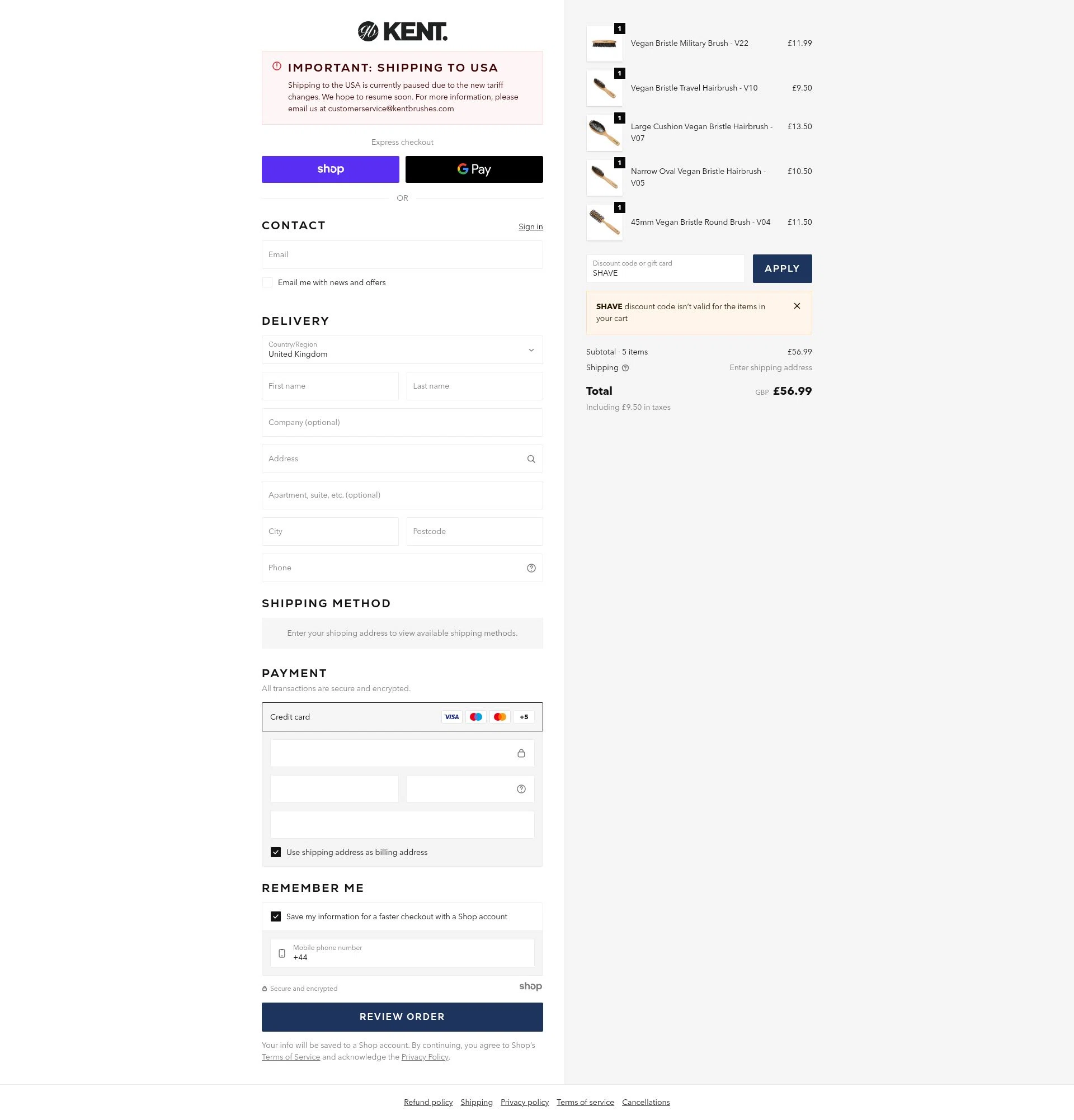 Kent Brushes checkout page showing Kent Brushes discount code box | Screenshot taken by SimplyCodes community member on Nov 18, 2025