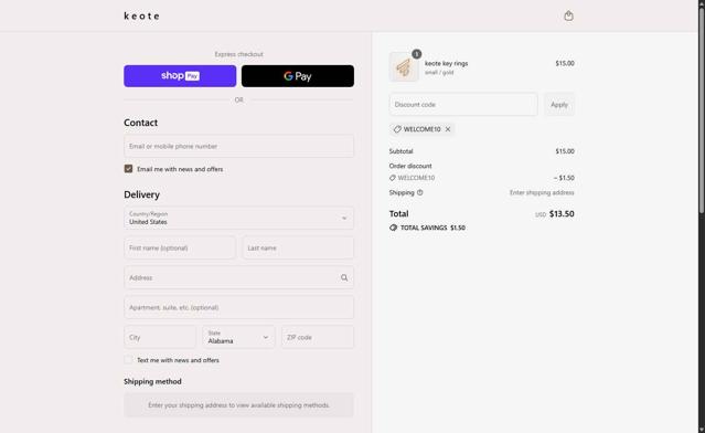 Keote checkout page showing Keote discount code box | Screenshot taken by SimplyCodes community member on Aug 19, 2025