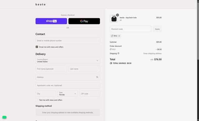 Keote checkout page showing Keote discount code box | Screenshot taken by SimplyCodes community member on Jul 21, 2025