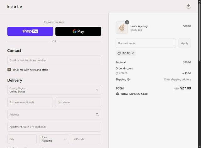Keote checkout page showing Keote discount code box | Screenshot taken by SimplyCodes community member on Aug 19, 2025