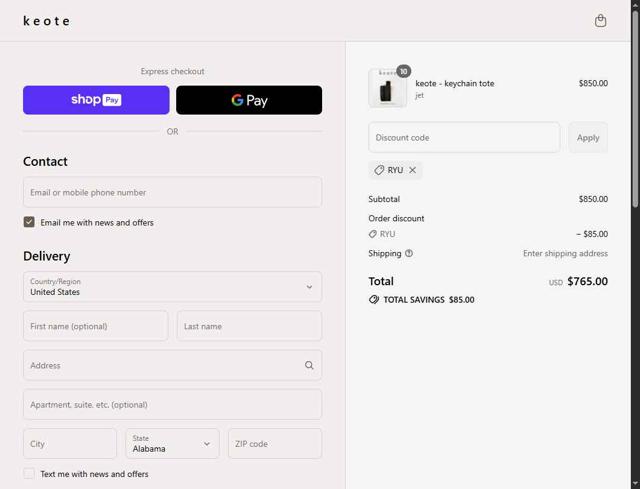 Keote checkout page showing Keote discount code box | Screenshot taken by SimplyCodes community member on Jul 21, 2025