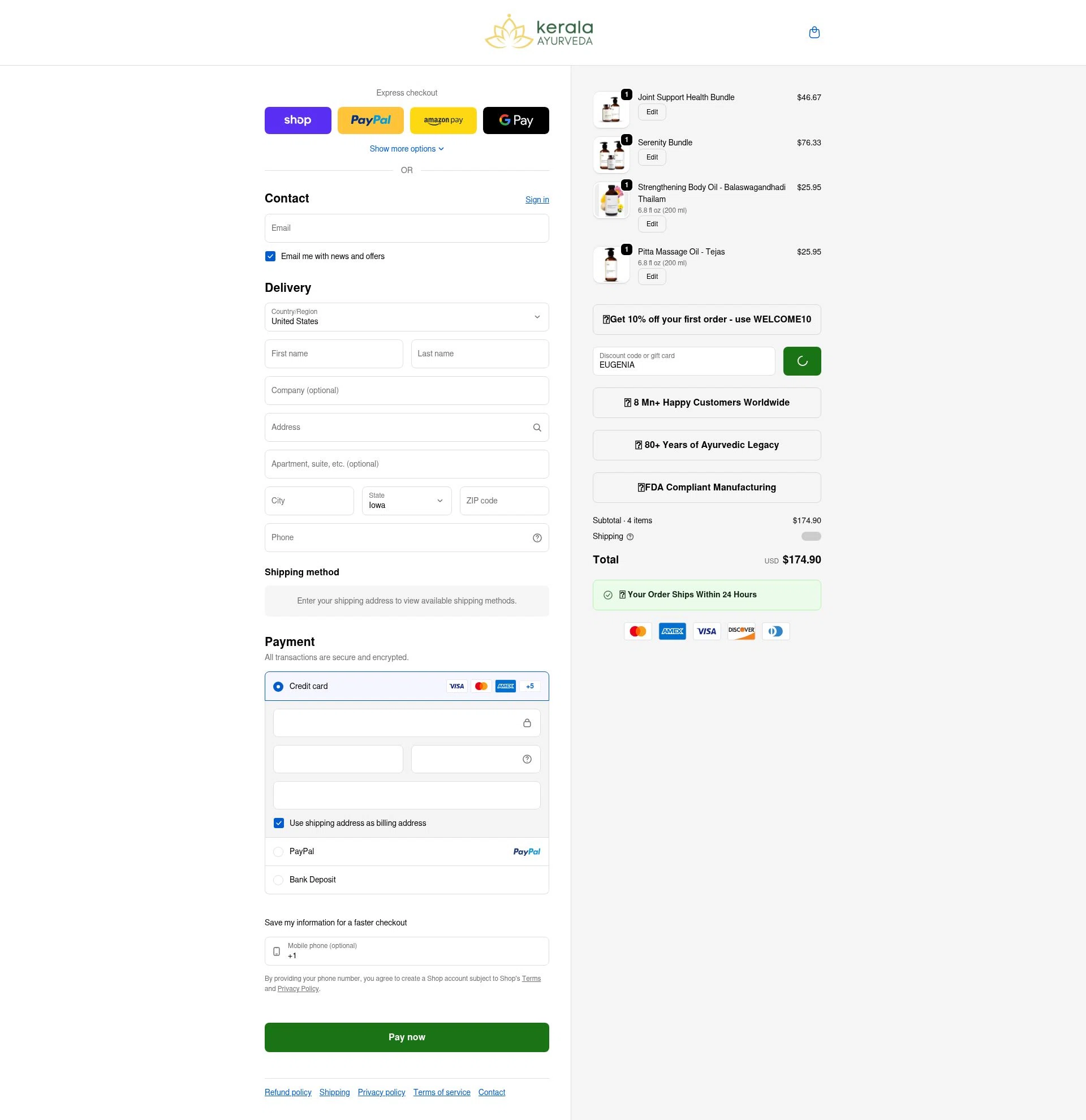 Kerala Ayurveda checkout page showing Kerala Ayurveda coupon code box | Screenshot taken by SimplyCodes community member on Feb 8, 2026