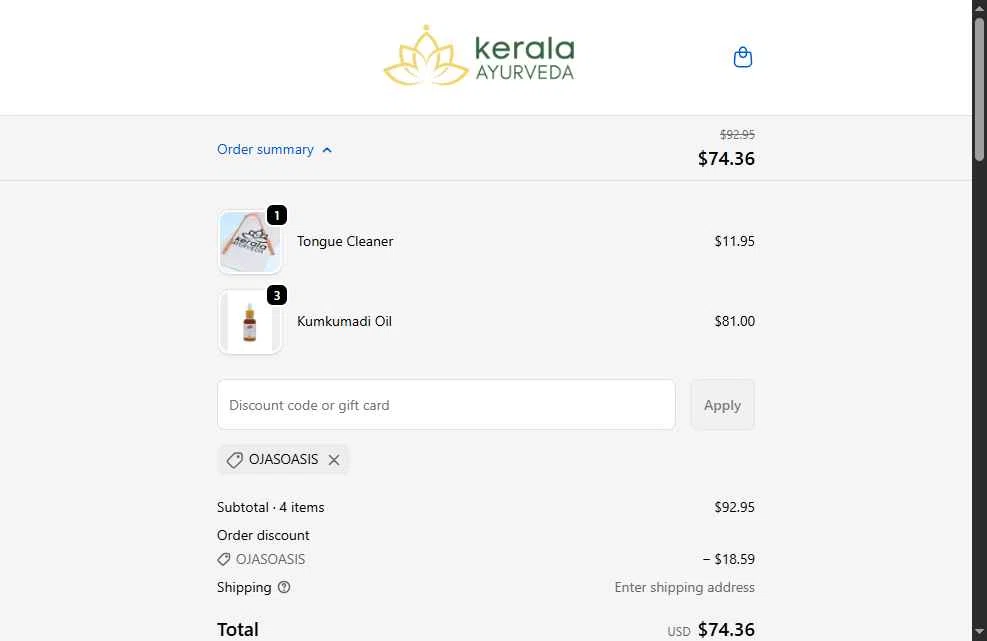 Kerala Ayurveda checkout page showing Kerala Ayurveda coupon code box | Screenshot taken by SimplyCodes community member on Feb 9, 2026
