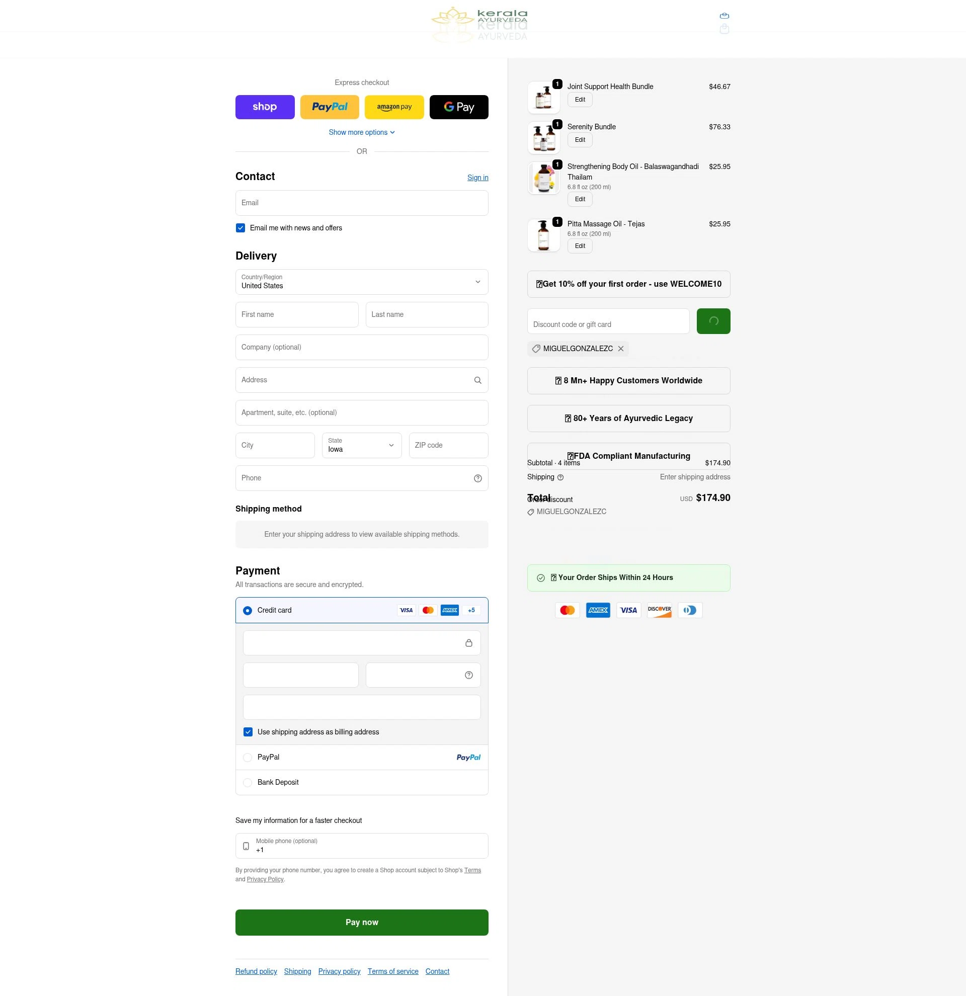 Kerala Ayurveda checkout page showing Kerala Ayurveda coupon code box | Screenshot taken by SimplyCodes community member on Feb 4, 2026
