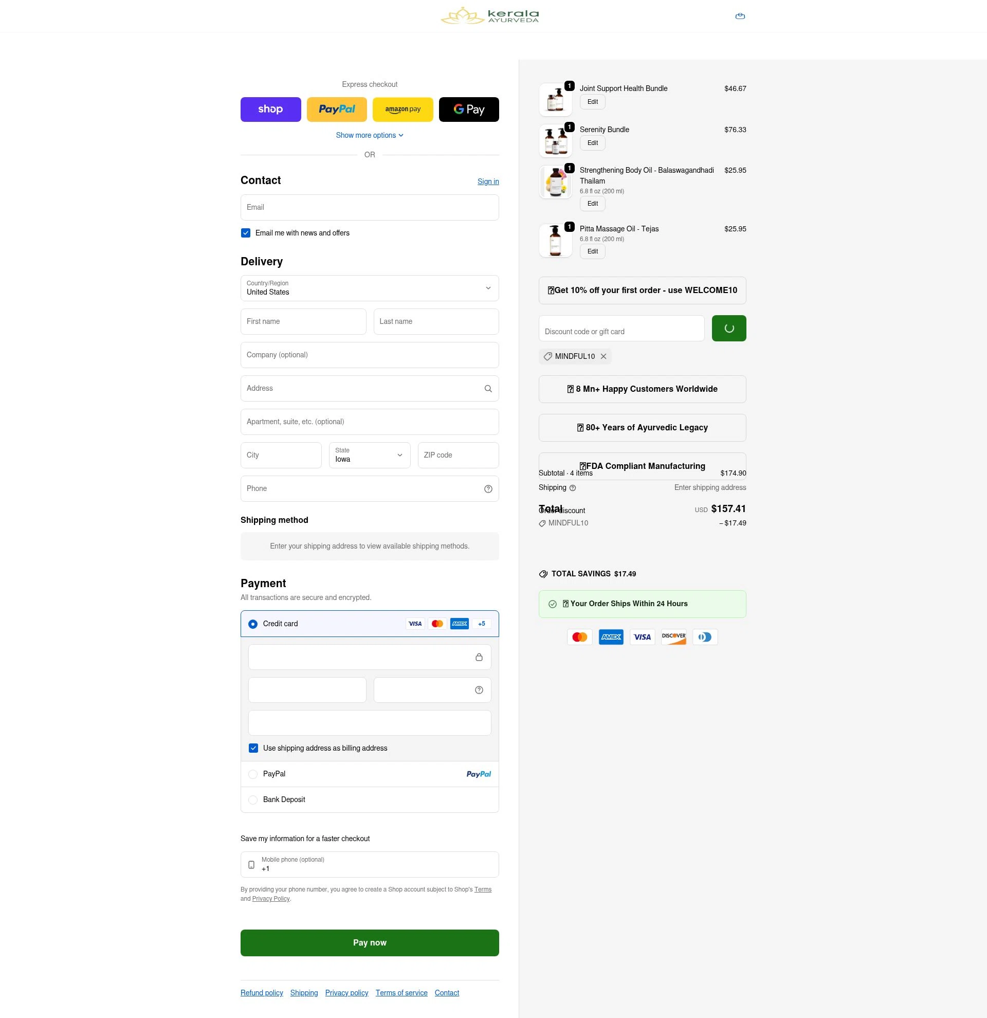 Kerala Ayurveda checkout page showing Kerala Ayurveda coupon code box | Screenshot taken by SimplyCodes community member on Feb 8, 2026