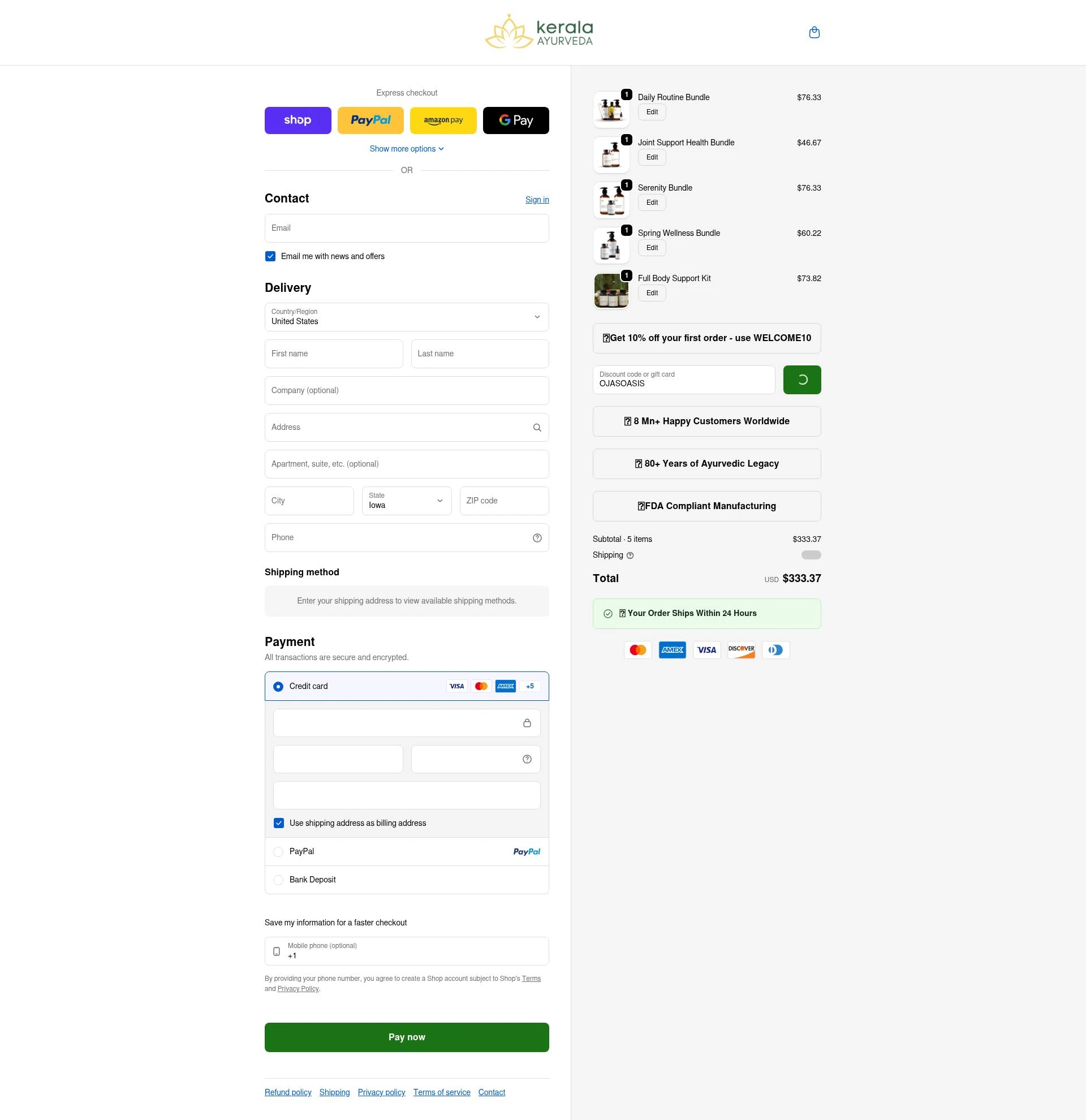 Kerala Ayurveda checkout page showing Kerala Ayurveda coupon code box | Screenshot taken by SimplyCodes community member on Feb 10, 2026