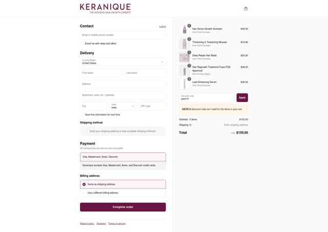 Keranique checkout page showing Keranique discount code box | Screenshot taken by SimplyCodes community member on Sep 8, 2025