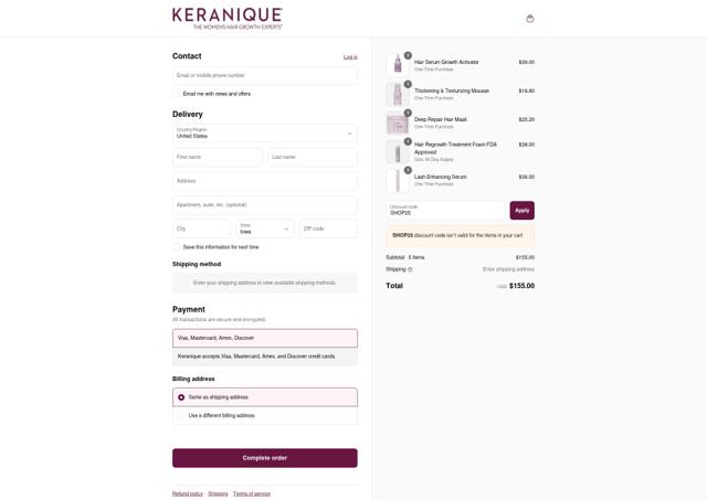 Keranique checkout page showing Keranique discount code box | Screenshot taken by SimplyCodes community member on Sep 8, 2025