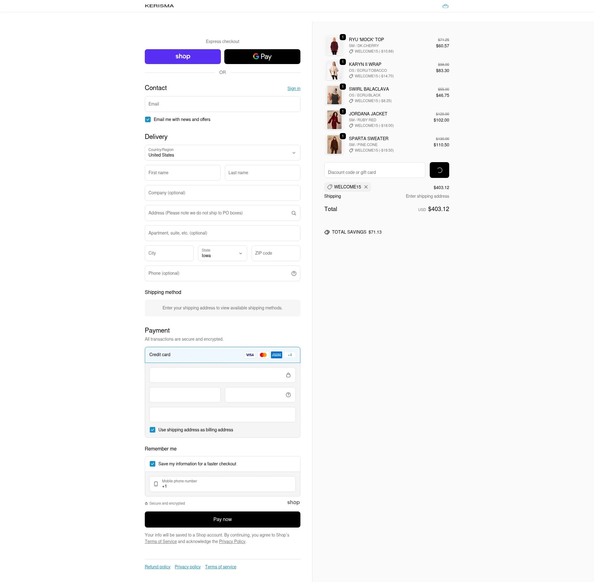 KERISMA checkout page showing KERISMA promo code box | Screenshot taken by SimplyCodes community member on Dec 31, 2025