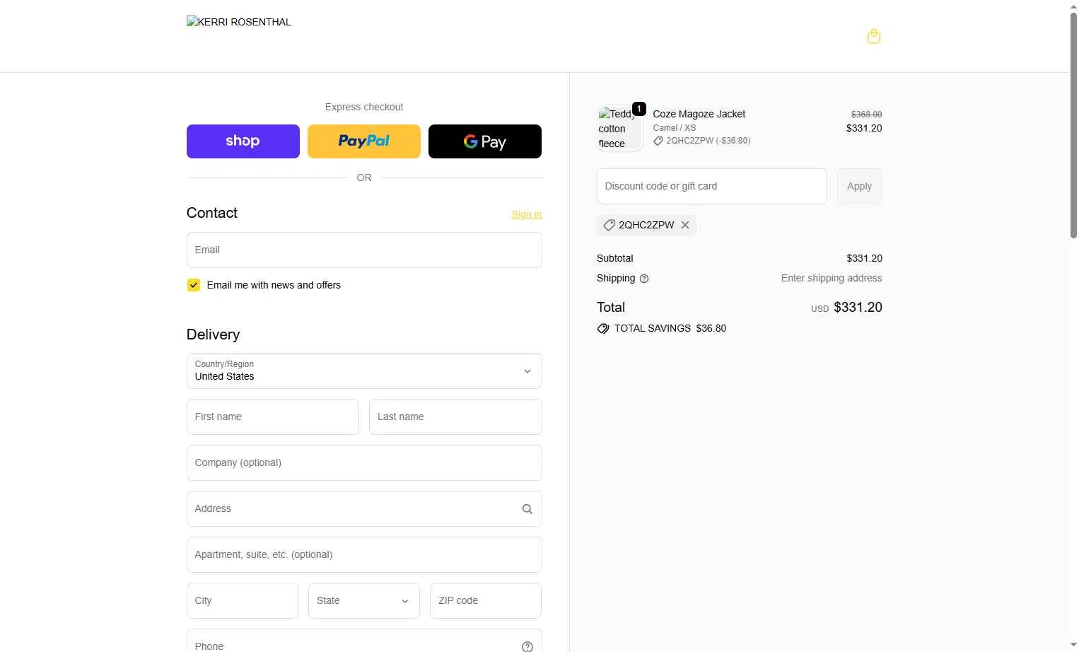 KERRI ROSENTHAL checkout page showing KERRI ROSENTHAL discount code box | Screenshot taken by SimplyCodes community member on Dec 10, 2025
