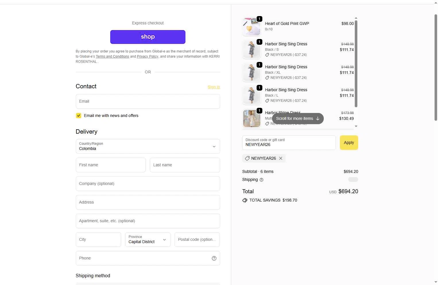 KERRI ROSENTHAL checkout page showing KERRI ROSENTHAL discount code box | Screenshot taken by SimplyCodes community member on Dec 29, 2025