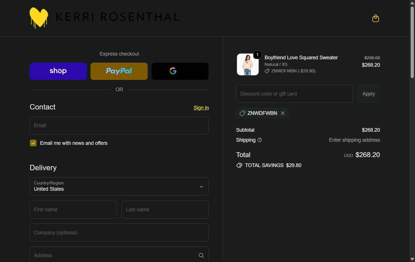 KERRI ROSENTHAL checkout page showing KERRI ROSENTHAL discount code box | Screenshot taken by SimplyCodes community member on Dec 9, 2025